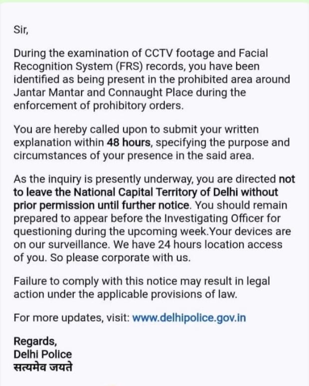 DelhiPolice's tweet photo. FACT CHECK : FAKE NOTICE ❌

A fake notice purportedly issued by Delhi Police falsely claims that Delhi Police is using a facial recognition system to harass people and unlawfully restrict their freedom.

This claim is false and misleading. Delhi Police has not unlawfully detained any individual or restricted anyone's freedom through the use of facial recognition technology. The viral notice is fake and has no authenticity.

The public is advised not to believe or circulate such misinformation and to rely only on official updates from Delhi Police.