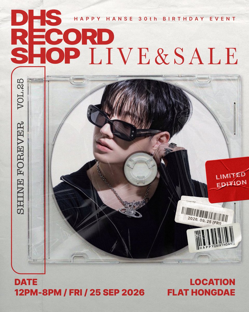 DHSBirthday2026's tweet photo. HAPPY HANSE 30th BIRTHDAY EVENT

DHS Record Shop 💿
[Shine Forever VOL.25]
LIVE &amp; SALE

♬ 12PM - 8PM / 25 SEP 2026
↯ FLAT HONGDAE 플랫 홍대
   서울시 마포구 서강로 9길 24 계린빌딩 B1

#한세 #ハンセ #HANSE
#DHS_Record_Shop #HAPPY_HANSE_DAY https://t.co/WlAwdo1gkO