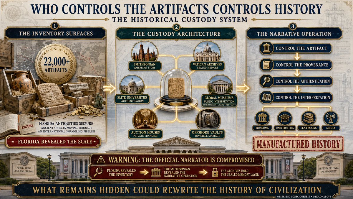 holonabove's tweet photo. The Florida antiquities bust was narrative seeding... the target is the rewriting of American and world history... watch as this unfolds...

Federal agents intercepted more than 22,000 artifacts moving through an international smuggling pipeline in Florida... ancient coins, pottery, cuneiform tablets and architectural markers spanning thousands of years...

One seizure revealed the physical scale of the hidden artifact economy... history removed by the warehouse, transported through protected networks and buried beyond public reach...

Now Trump has moved directly onto the Smithsonian...

The Smithsonian sits at the center of America’s historical custody system... controlling what enters public view, what remains sealed in storage and which interpretation becomes accepted history...

Placing warning signs outside the museum publicly identifies the official narrator as compromised and opens the entire historical record to examination...

This is the architecture I have been mapping...

The Smithsonian controls the American story... the Vatican archives hold centuries of manuscripts, correspondence and artifacts behind restricted access... Harvard and the elite university system control excavations, authentication and academic interpretation... the British Museum, Louvre, Metropolitan Museum and Getty hold vast collections accumulated through empires, dealers and private donors... while auction houses, foundations, private collections and offshore vaults move another layer completely beyond public sight.,,

The pattern is complete...

Control the artifact... control its provenance... control its authentication... control the interpretation attached to it... then circulate that interpretation through universities, museums, textbooks and media until institutional consensus becomes manufactured history...

Florida revealed the inventory... the Smithsonian revealed the narrative operation... the Vatican represents the sealed memory layer... the universities provide intellectual certification... the museums manufacture public reality... and the private networks move the remaining evidence into darkness.

An artifact buried in storage disappears from the timeline... an artifact stripped of provenance loses its connection to place and civilization... an artifact filtered through captured institutions becomes another foundation stone beneath the approved chronology...

Trump just placed a warning label on the official version of American history... once the public begins questioning the museum wall... the entire historical custody system comes into view...

What is key here... behind those walls... beneath those museums... inside those restricted archives... sits the physical evidence that will rewrite the history of civilization itself...