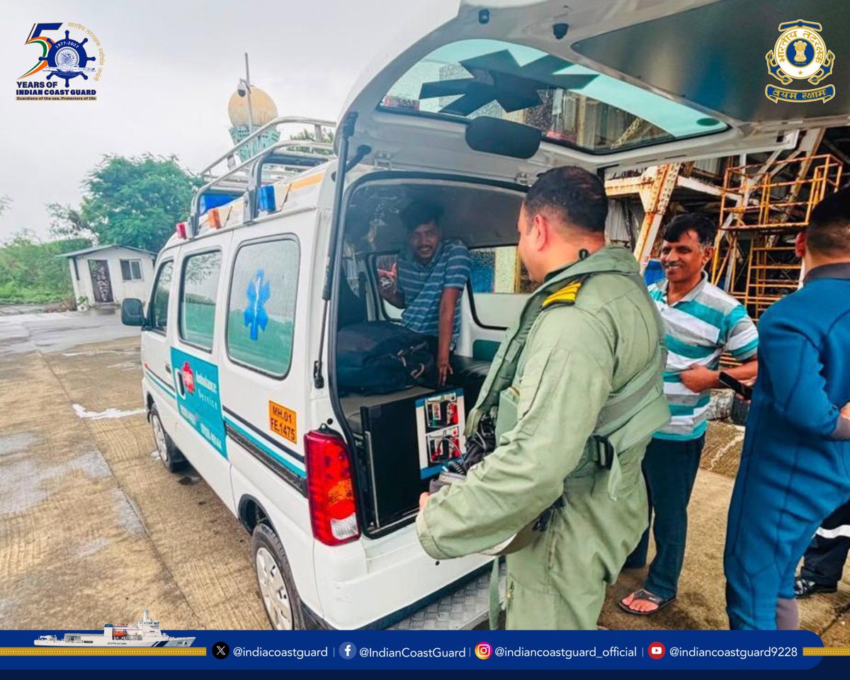 IndiaCoastGuard's tweet photo. On 24 Jul 2026, an @IndiaCoastGuard helicopter battling adverse weather conditions, facilitated the medical evacuation of a 24-year-old sailor from MT Desh Shanti, who sustained serious injuries to his right hand fingers while working onboard.

The patient was safely airlifted off #Mumbai. The #MEDEVAC was enabled by seamless coordination between Maritime Rescue Coordination Centre (MRCC) and Shipping Corporation of India (SCI).

This swift response operation underscores #ICG’s unwavering commitment to saving lives at sea through round-the-clock readiness and inter-agency synergy.

#WeProtect #SearchAndRescue #SCI  
#MaritimeSafety #IndianCoastGuard #MRCC