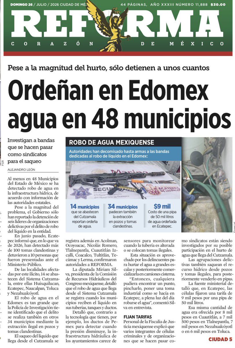 bereaguilarv's tweet photo. México: donde hasta el agua es controlada por el crimen organizado. 

❗️Detectan robo de agua en 48 municipios del Edomex.
❗️Bandas ordeñan el Sistema Cutzamala y operan pozos y tomas clandestinas.
❗️Han localizado más de 100 tomas ilegales.
❗️Y pese al tamaño del saqueo, sólo han detenido a seis líderes.