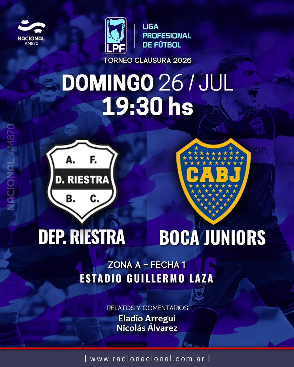 futbolshow870's tweet photo. #FútbolShowNacional 📻⚽️¡ARRANCA EL TORNEO CLAUSURA DEL FÚTBOL ARGENTINO Y LO VAS A VIVIR por @NacionalAM870 !

Desde las 19:15 hs, transmitimos #Riestra vs #Boca por #AM870 📻

Relata @EladioArregui
Comenta @NicoAlvarez1973
Vestuarios @goojeda 

📻AM870 https://t.co/9MqGtlBYro
