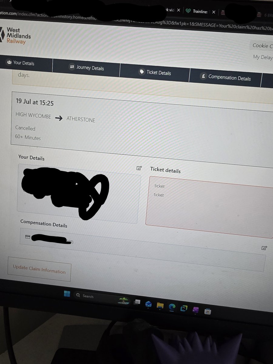 VeritasLake's tweet photo. @WestMidRailway Good afternoon, I've been trying to get delay repay sorted on my tickets from 19 July for a cancelled train. I've entered the information 6 times now and it is not being accepted. Is there an alternative to the form? It keeps clearing itself everytime I submit. https://t.co/oFTyptxwdg