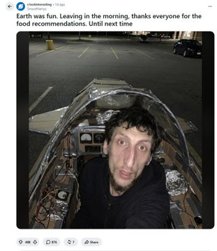 ForestManSol555's tweet photo. This guy is claiming to be an alien who just landed on earth and is going GIGA VIRAL all over reddit.

His posts have over 70k UPVOTES IN 5 DAYS, honestly the next viral thing.

https://t.co/ANLLRp7itI https://t.co/0d5bx9vTLn