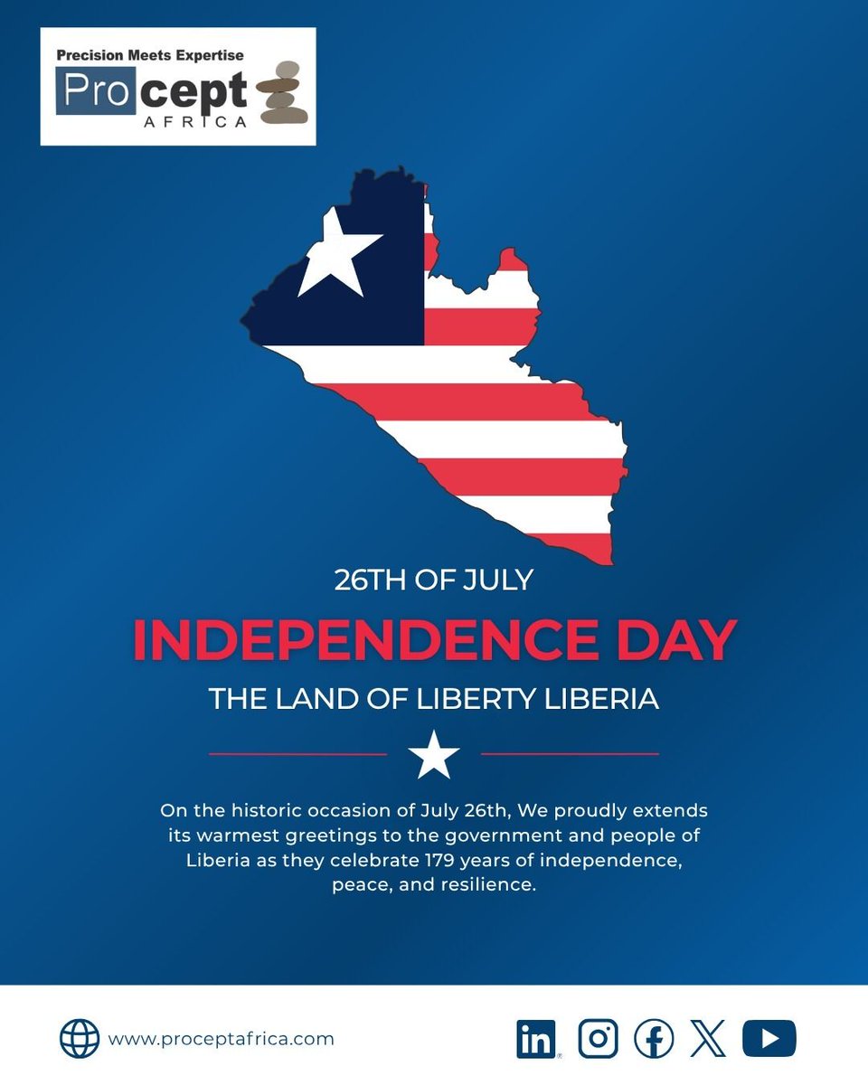 sparkberry3's tweet photo. Happy 179th Independence Day, Liberia! 🇱🇷

Today, we celebrate "The Land of Liberty" and its rich legacy of peace, courage, and resilience. Warmest greetings to all Liberians celebrating at home and in the diaspora from Team Procept Africa! 🔴⚪🔵

#LiberiaAt179 #ProceptAfrica https://t.co/lvEr2OcWvy