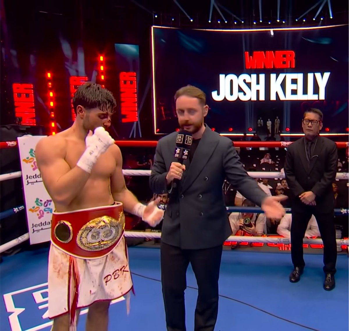 IBFUSBAboxing's tweet photo. And STILL! 👑 What a gutsy performance from Josh 'Pretty Boy' Kelly to successfully defend his IBF World Title in a 12-round war against a tough Caoimhin Agyarko!
Showed true champion's heart, dug deep through the blood and battle damage, and got the unanimous decision win. Congratulations @JOSHPBK