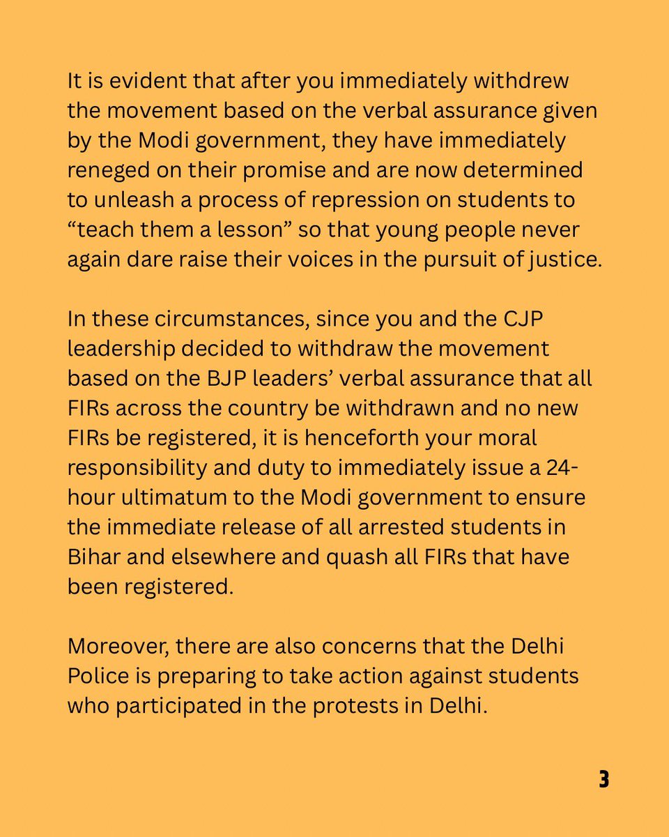 DrSauceX's tweet photo. 🆘URGENT APPEAL TO CJP🚨

BJP is breaking its promise, police filed FIRs against 100s of students in Bihar, WB etc, &amp; opened fire in Siwan, Bihar

Issue a 24hr ultimatum to Modi govt to release all students &amp; withdraw FIRs

@abhijeet_dipke @SauravDassss @AshutoshRanka @CJP_2029 https://t.co/MSqC8uyEB7