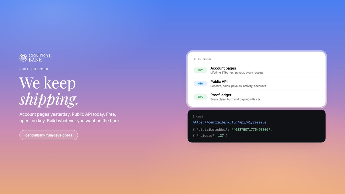 centralbankRH's tweet photo. We keep shipping.

Account pages yesterday. Public API today.

Free. Open. No key.

Reserve balance, payout history, member coins, activity feed, per-wallet earnings. All of it as JSON, so anyone can build dashboards, bots or tools on top of the bank.

curl https://t.co/JSncAis1mY

Docs: https://t.co/ewnF6eKTyu