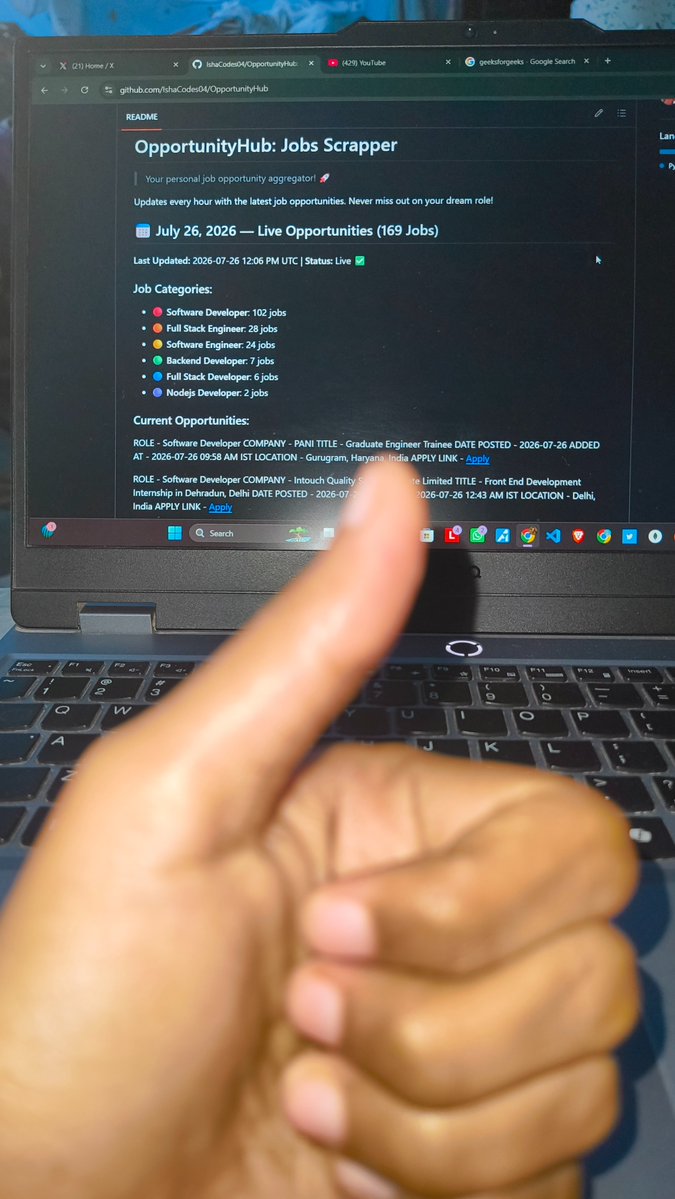 isha_singh06's tweet photo. Sunday update 🚀

OpportunityHub scraped 169 live developer jobs today✅

While I was sleeping, my project was working🤖 https://t.co/RSZvP13d9J