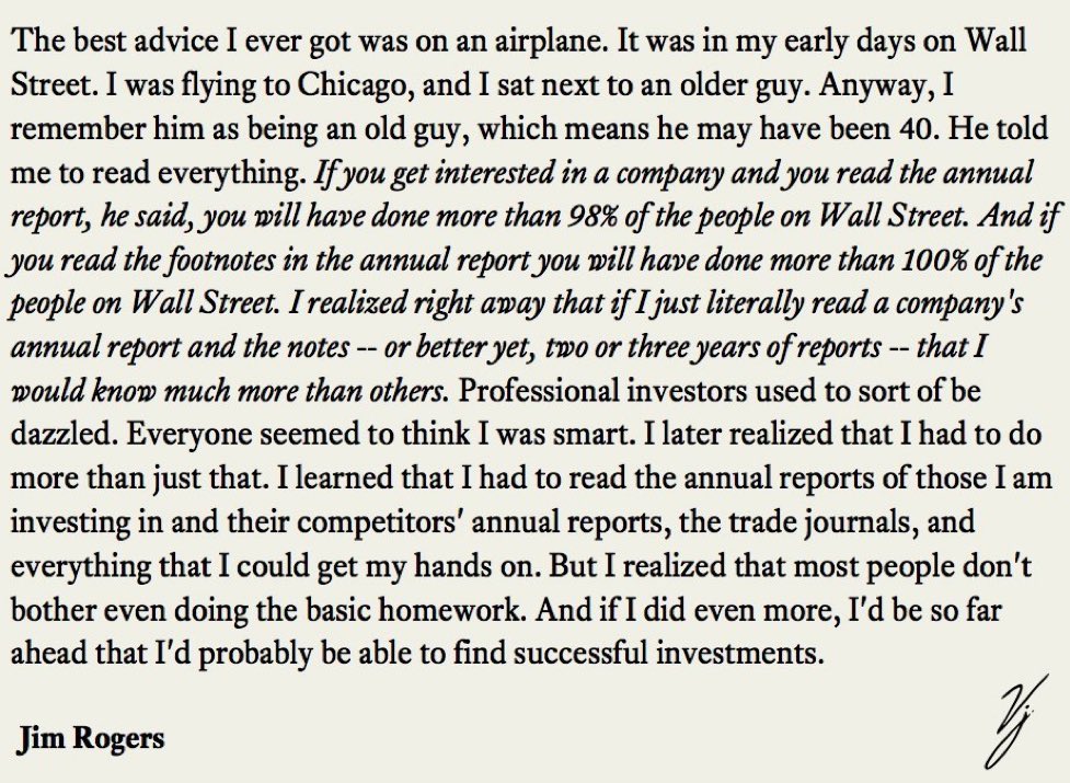 BoringBiz_'s tweet photo. Jim Rogers said the best advice he ever received on Wall Street was to read and think critically about what you consume

Ironically, this advice is now more relevant than ever

Cannot tell you how many hedge funds and institutional analysts are simply asking a chatbot to summarize the 10K/Qs for them

If you are one of the few people going to the source materials, you will pick up things that the rest of the market will miss. There is your alpha