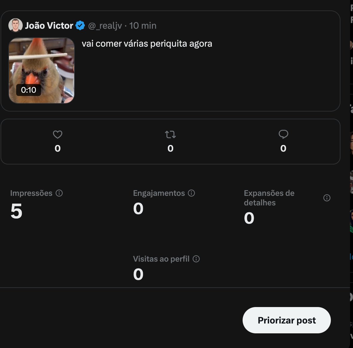 _realjv's tweet photo. 10 minutos de postagem e 5 impressões, vou cancelar o premium, mesmo no premium+ era assim também https://t.co/xgQZdPWCqw