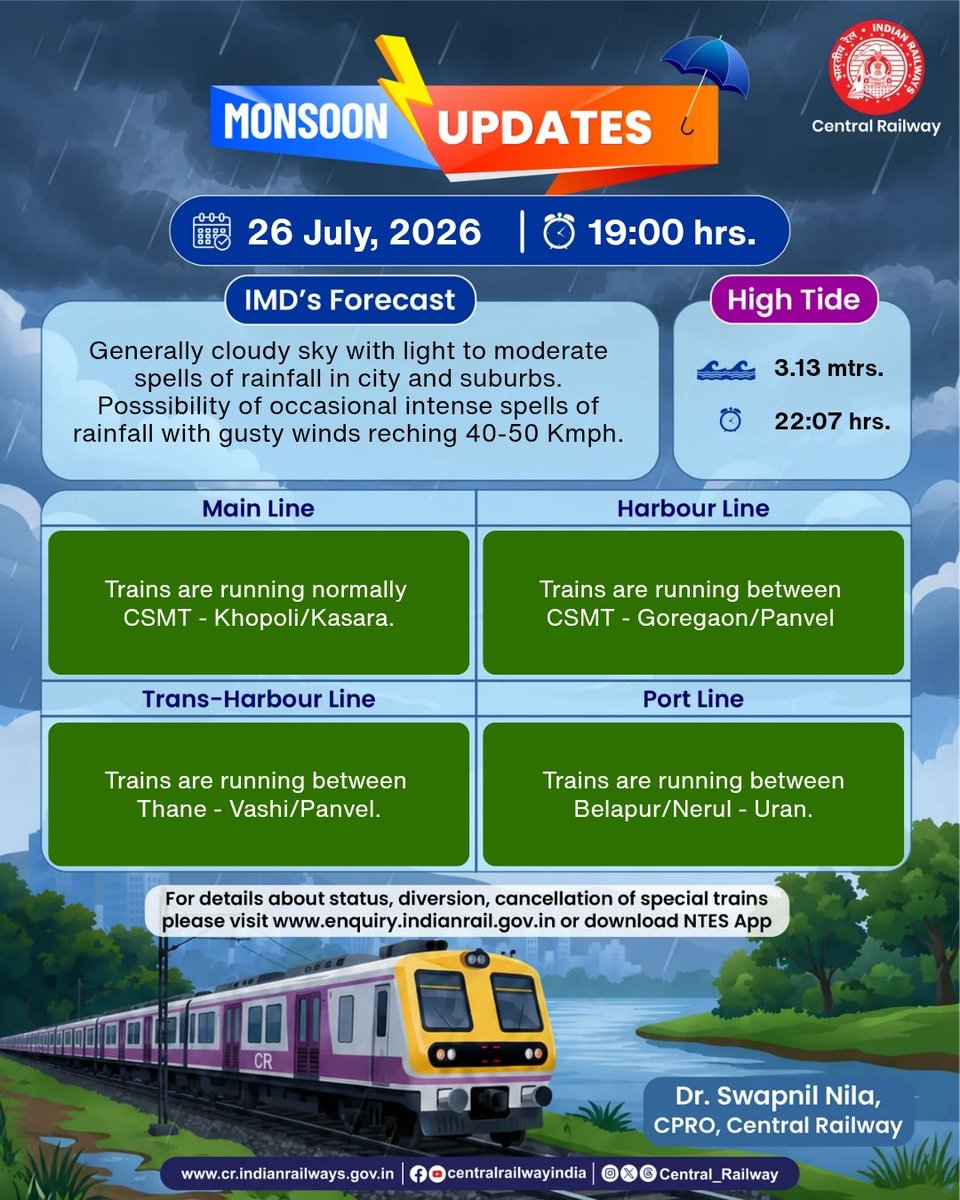 Central_Railway's tweet photo. CR Monsoon Updates at 19:00 hrs on 26th July, 2026.

#CRUpdates #MumbaiRains
#MonsoonUpdates #CentralRailway
#MumbaiLocal https://t.co/IhOOZs8c6t