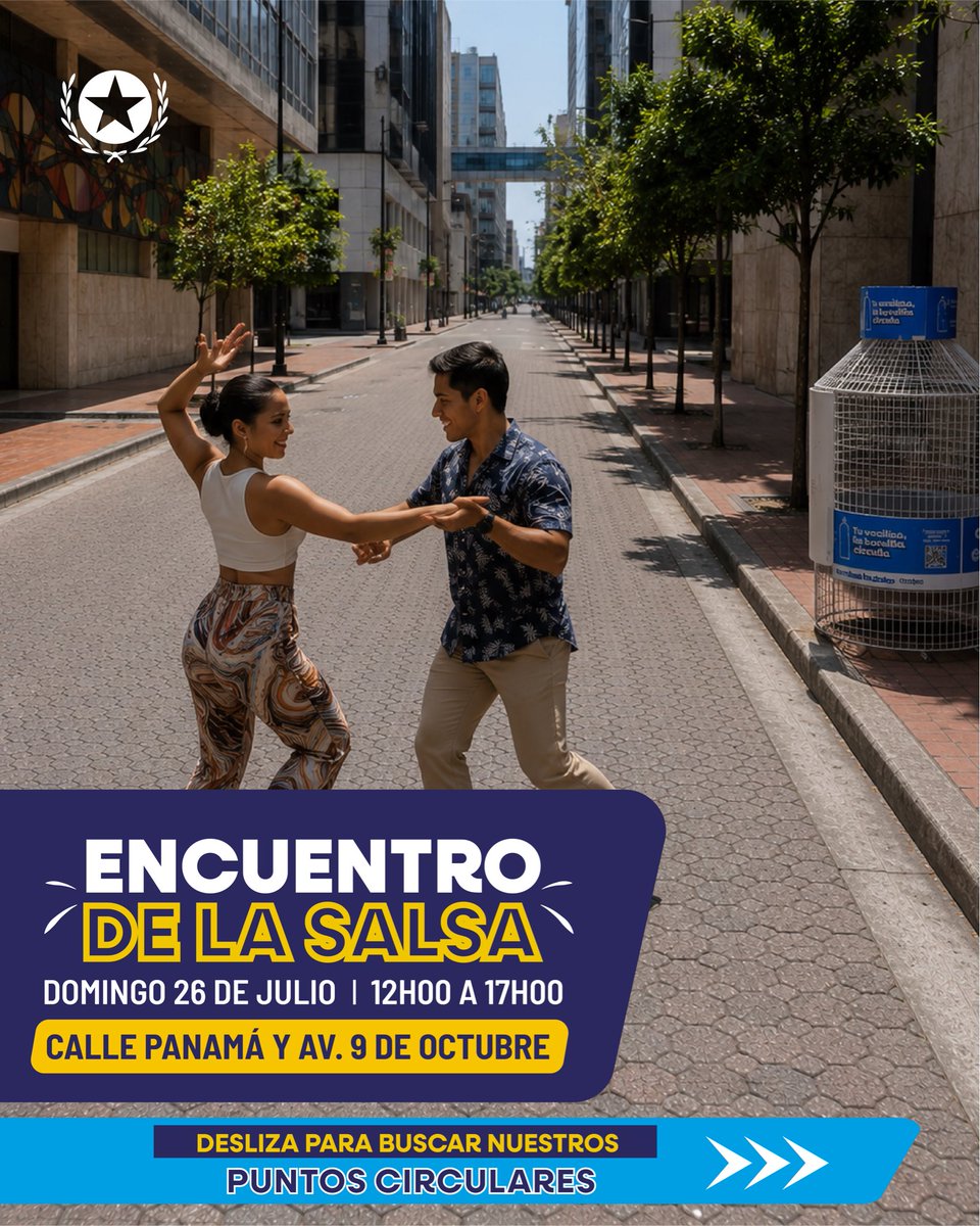 circular_ep's tweet photo. ¡La #RutaCentro se llena de salsa, alegría y economía circular! ♻️

Vive el Encuentro de la Salsa en la Calle Panamá y Av. 9 de Octubre, de 12h00 a 17h00, y disfruta de una jornada donde el ritmo y el compromiso con nuestra ciudad se unen. 💃🕺 https://t.co/ddNCvxoHMV