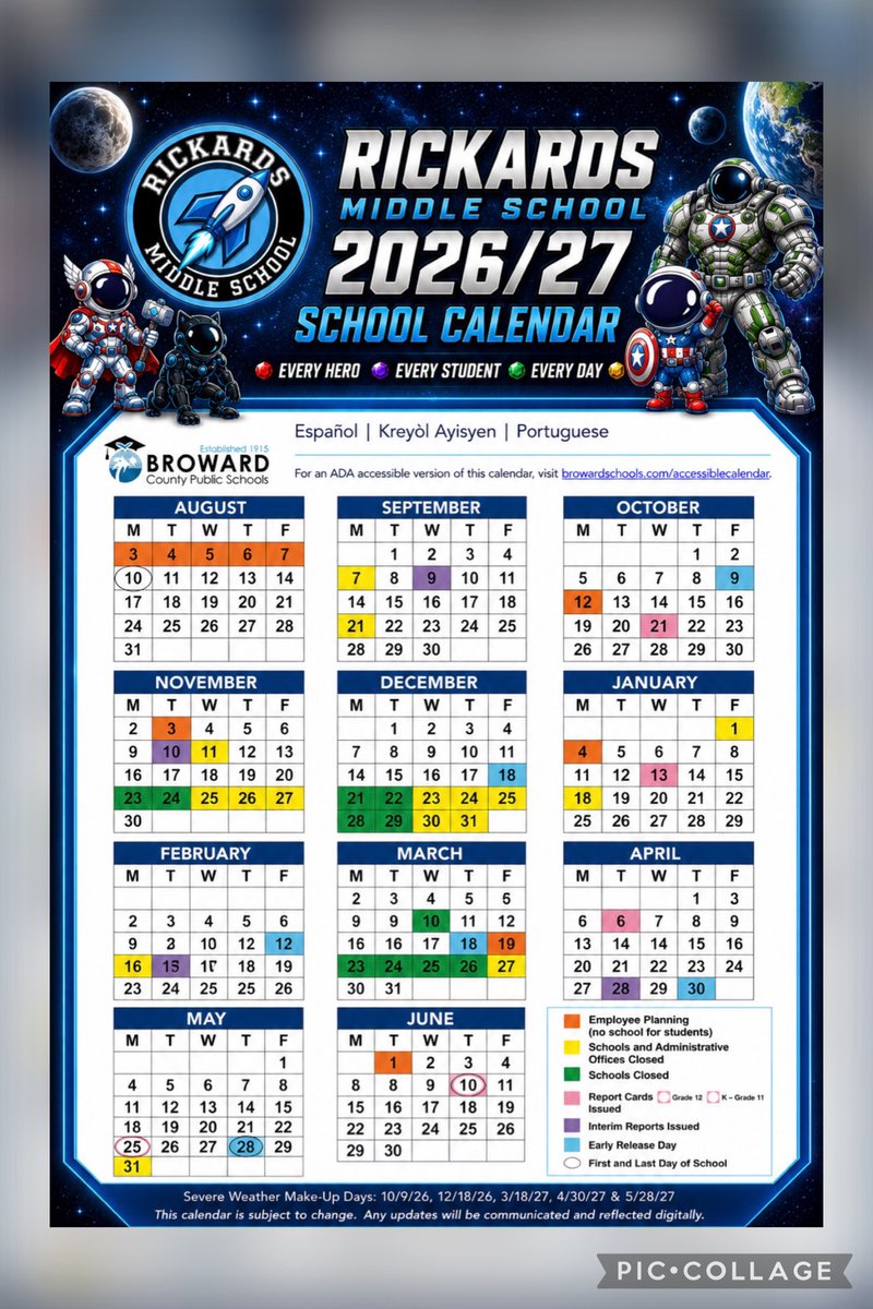 JRickardsMiddle's tweet photo. ๐โจ Rickards Middle School 2026โ2027 School Calendar is Here! โจ๐
Be sure to save this post and mark important dates.
๐๏ธ First Day of School: August 10, 2026โจ๐ Last Day of School: May 28, 2027
@Rickards_JEG @rmsmrdavis
#RickardsMiddleSchool
#RocketPride https://t.co/2BM8QqcRtw