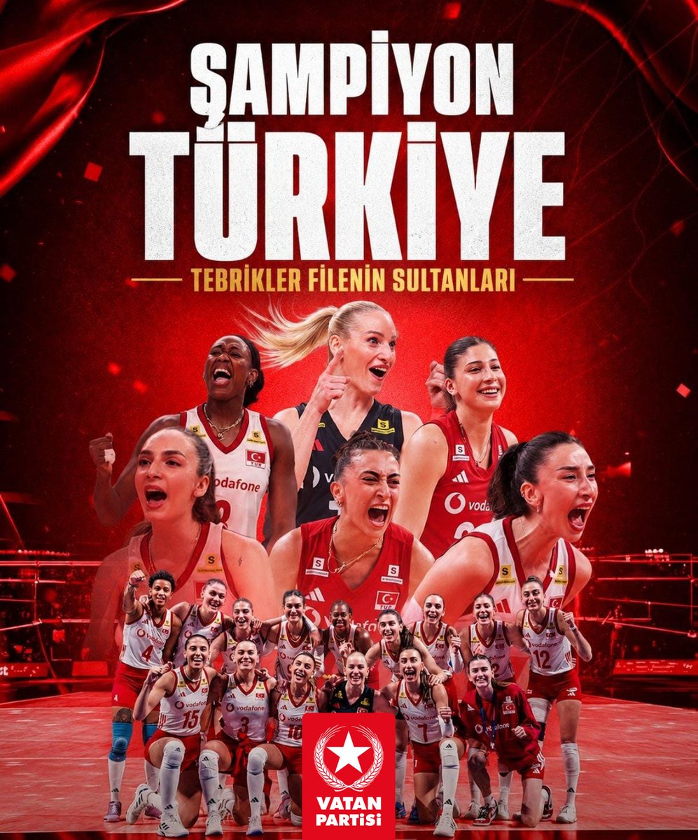 Vatan_Partisi's tweet photo. Şampiyon Türkiye
Tebrikler #FileninSultanları

2026 FIVB Milletler Ligi finalinde Brezilya’yı 3-1 mağlup ederek şampiyon olan A Milli Kadın Voleybol Takımımızı kutluyoruz. https://t.co/6O1te9l78o