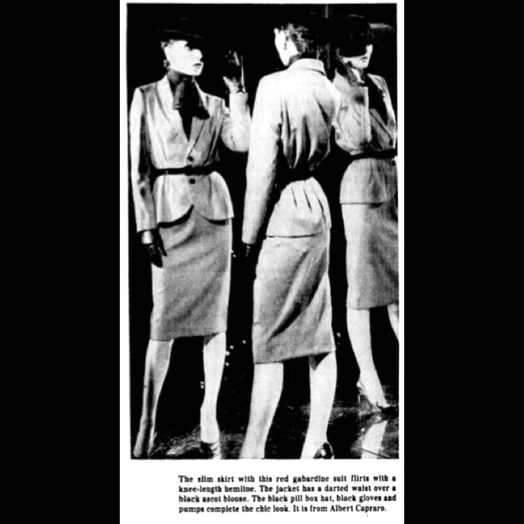 ALBERTCAPRARO's tweet photo. July 26, 1979 - The Baltimore Sun 
Page B3
The slim skirt with this red gabardine suit flirts with a knee-length hemline.  The jacket has a darted waist over a black ascot blouse.  The black pill box hat, black gloves and pumps complete the chic look.  It is from Albert Capraro https://t.co/OU4k88j5JQ