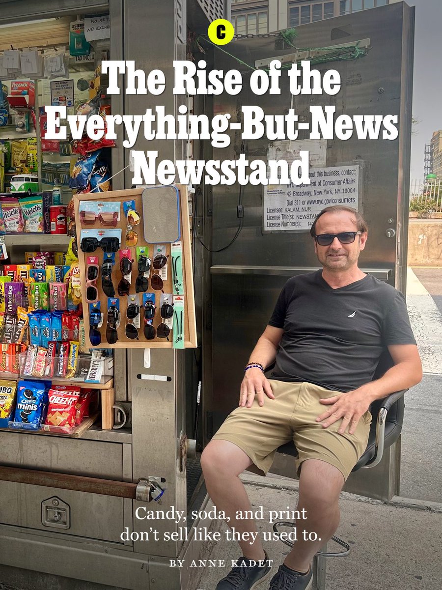 NYMag's tweet photo. Pedestrians passing the old newsstand near the corner of Fifth Avenue and 42nd Street are doing a double take — it’s now a spiffy Italian café serving espresso, pastries, and sandwiches. Luca Meacci, who opened Caffé Toscana a few weeks ago, spent $150,000 on a complete renovation, adding signage, replacing the original counter and newspaper racks with custom-made display cases, and installing two new beverage coolers. Thanks to these modifications (along with a stellar location), daily sales have grown more than fivefold since the launch, says Meacci.

When asked if he would sell newspapers, too, Meacci replied: “Oh no. No, no, no newspaper!” Does he think he could sell any? “Oh no. Zero, zero, zero.”

In the ’90s, newsstands successfully pivoted from newsprint to Coke and Snickers, but even that’s changing in the Ozempic and protein-maxxing era. “People are buying less and less of those things now,” says Max Bookman, counsel to the New York City Newsstand Operators Association. “Twenty years ago there were seven different candy vendors; now there are two.”

Newsstands have pivoted to selling everything from scarves and hats to costume jewelry. Near Times Square, it’s pricey souvenirs. On the Upper West Side, there’s a newsstand devoted entirely to selling electronics accessories. The stand’s employee, Mustafa, says he does a brisk business selling $20 speakers.

Read Anne Kadet’s full report on how the city’s newsstand operators are evolving to the new realities of the business: https://t.co/MOkSjI5Jh5