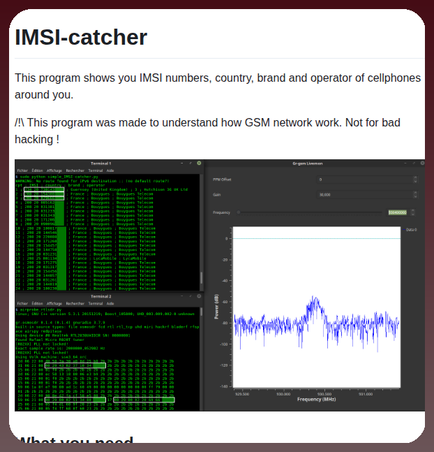 IMSI-catcher, SDR 수신기를 사용하여 GSM 트래픽을 수동으로 디코딩하지 않고도 주변 휴대폰의 IMSI 번호, 브랜드 및 통신사를 대표 이미지