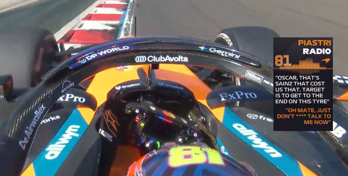f1rtp's tweet photo. Objetivo é ir até ao final, é dito a Piastri. Composto duro. Piastri ainda a recuperar do incidente com Sainz. Agora vai precisar de ir à caça de posição de Norris na frente. Em duelo direto, no braço. https://t.co/1gEc5dzj2j