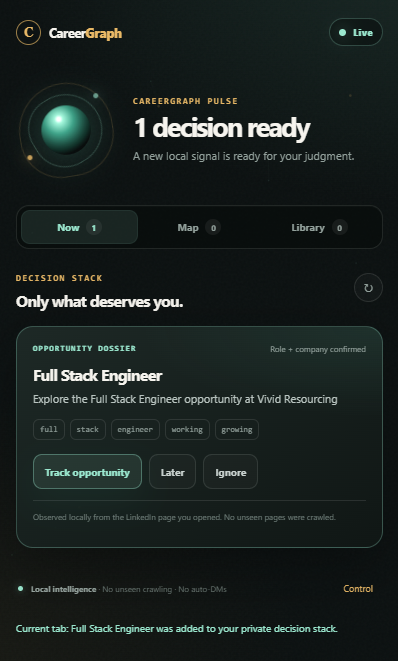 shangobashi's tweet photo. CareerGraph is now live. 

Free beta version. 

Try now at https://t.co/oqAMhMwGCM

What it is:

CareerGraph is a Chromium extension that quietly notices eligible LinkedIn jobs and profiles you choose to open, then turns them into a private opportunity dossier, people-search missions, and the next credible human move.

How it works:

↘ 1) Enable once.

Choose Ambient Radar. CareerGraph stays local, observes only eligible pages you open, and can be paused at any time.

↘ 2) Browse normally.

Open a LinkedIn job or profile. CareerGraph drafts the opportunity dossier instead of asking you to fill another form.

↘ 3) Make the few decisions that matter.

Track, ignore, open a safe scout search, or use an evidence-labelled relationship draft. You remain the human actor.

Try CareerGraph at https://t.co/oqAMhMwGCM