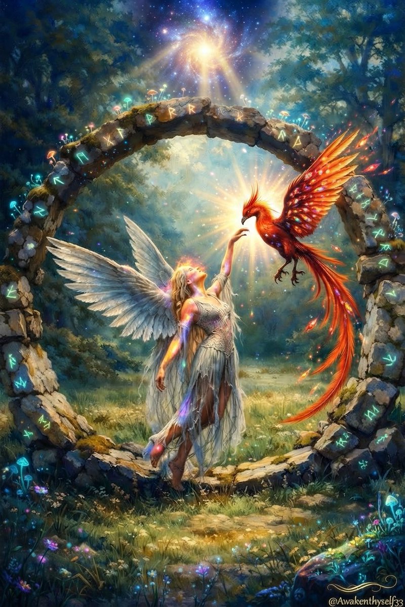 Awakenthyself33's tweet photo. THE GATEWAY OF THE PHOENIX FLAME 

There is a profound awakening that fires our spirit when we step through ancient thresholds and meet our true transformation face to face. We often feel weighed down by our past iterations, forgetting that we hold the power to rise brightly from every trial.

True rebirth comes from recognizing that our vulnerability allows us to touch the miraculous and soar into higher states of being. The winged angelic figure reaching out to a radiant, fiery phoenix beneath a rune-carved stone archway reminds us that magic is always waiting on the other side of surrender. ✨🙌🏿💫
