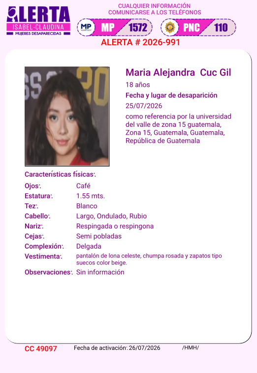 isabel_claudina's tweet photo. #AlertaIsabelClaudina
📷 Ayúdenos a encontrar
Maria Alejandra Cuc Gil
Desapareció el 25 de julio de 2026
Cualquier información comunicarse al teléfono  📷 1572
Gracias por difundir esta información📷 https://t.co/on9R3BVX9K