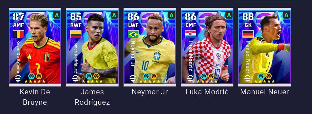 efootbuilds's tweet photo. SHOWTIME

🇧🇪K. De Bruyne - Low screamer, Visionary Pass

🇧🇷Neymar jr (Roaming Flank) - Blitz Curler, Acceleration Burst

🇨🇴James Rodriguez- Edged crossing, Blitz curler 

��🇷L. Modric -Phenomenal pass, Attack Trigger

🇩🇪M. Neuer -GK Directing defence, Visionary pass 

#efootball https://t.co/Z00lGYBc4H