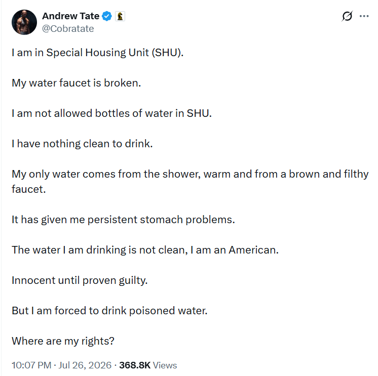 Gadget440's tweet photo. 🚨 BREAKING: Andrew Tate announces to the world that he pooped his pants in jail and it made him cry

He is blaming it on a "broken water faucet" and "dirty water."