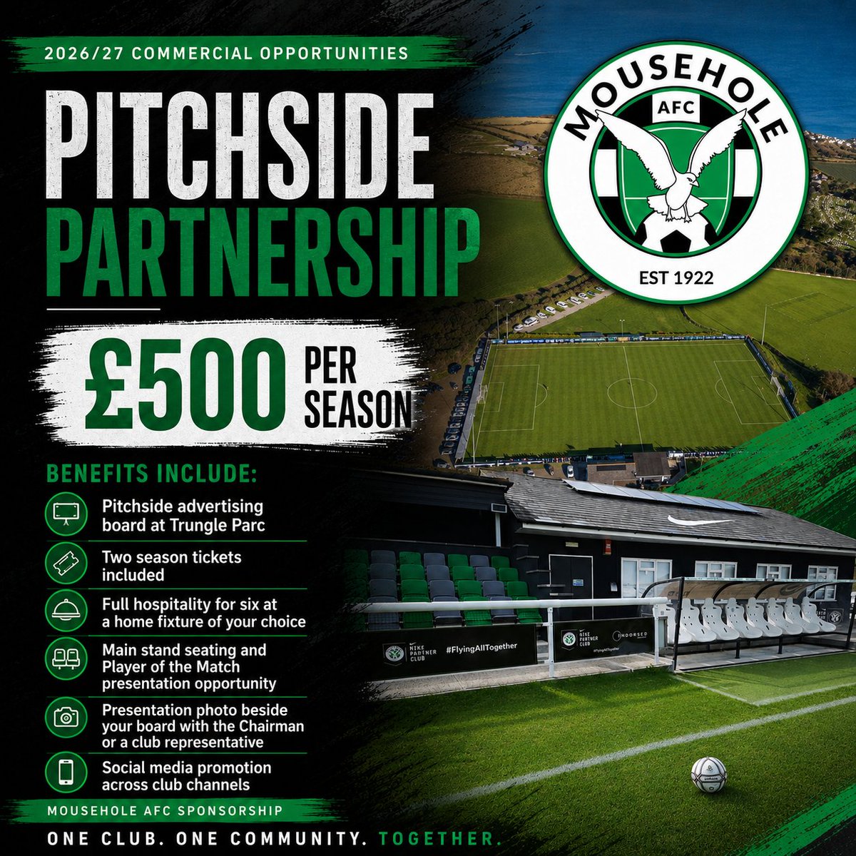 MouseholeAFC's tweet photo. 🤝 𝟮𝟬𝟮𝟲/𝟮𝟳 𝗖𝗼𝗺𝗺𝗲𝗿𝗰𝗶𝗮𝗹 𝗢𝗽𝗽𝗼𝗿𝘁𝘂𝗻𝗶𝘁𝗶𝗲𝘀

Partner with Mousehole AFC for the new season and promote your business through the club, our matchdays and social media channels.

⚽ Match Ball Sponsorship: £35 per match
🏟️ Matchday Sponsorship: £100 per match
🤝 Pitchside Partnership: £500 per season
👕 Season Player Sponsorship: £200 per season

A range of opportunities are available for local businesses and supporters looking to partner with the Seagulls and strengthen their connection with the club.

One Club. One Community. Together 🟢⚪️