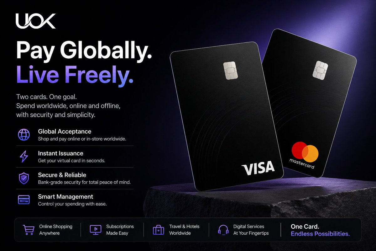 UOK_card's tweet photo. Pay Globally. Live Freely.  

Introducing the new UOK Card.  

✔ Instant issuance 
✔ Global online payments 
✔ Secure &amp; reliable 
✔ Powered by crypto

One card. Endless possibilities.  

Money, Reimagined.

#uokcard #cryptocard #ucard #btc https://t.co/DjVN4JQvtG