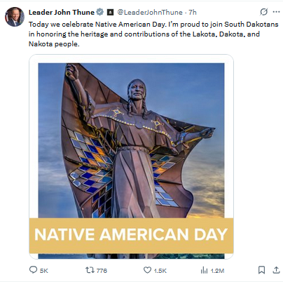 NJPoster's tweet photo. John Thune celebrated Native American Day instead of Columbus Day! https://t.co/pRVt14n154