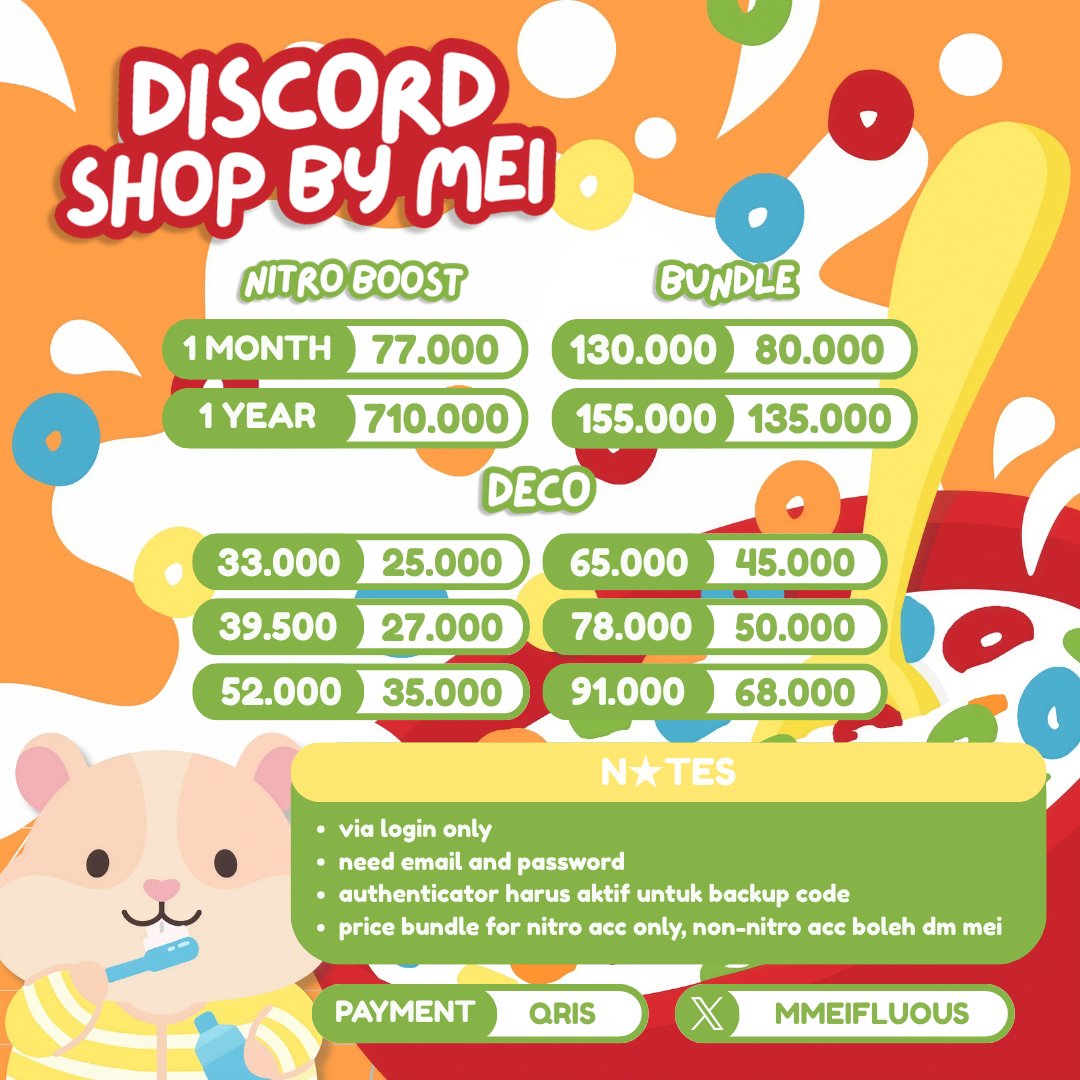mmeifluous's tweet photo. 🐹 Gerai Mei is now open🐹

Your little place for Discord goodies

✦ Discord Nitro
✦ Nitro Boost
✦ Decorations
✦ old dc acc

🐹 Contact 🐹
✦ Dm twt (mt after dm pls)
✦ WhatsApp : https://t.co/dNP2WmQ4RQ
✦ Telegram : https://t.co/GYJ7FvOikz

Thank you for stopping by :3 https://t.co/zeZobW6cZA