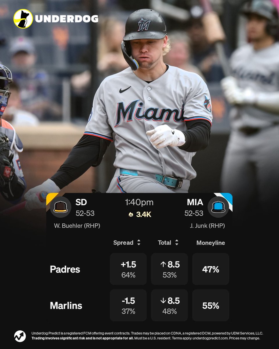 UnderdogMLB's tweet photo. The Marlins have lost 11 straight, tying their franchise record.

Odds to make the postseason:
July 10th - 54%
Today - 15%

Will they extend the streak to 12 games vs. the Padres on Sunday? https://t.co/tbAuHwxNRo