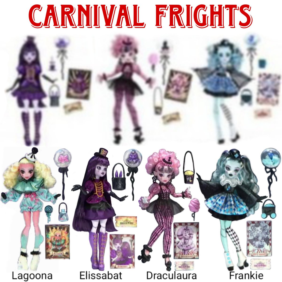cupidtsuki's tweet photo. wishful thinking but i love a series 2 of carnaval frights
- honey / rochelle <- new character
- jinafire <- character that was in the g1 line
- venus <- character that wasn't in the line
- nefera <-character that wasn't in line https://t.co/qRBfw5BDyX