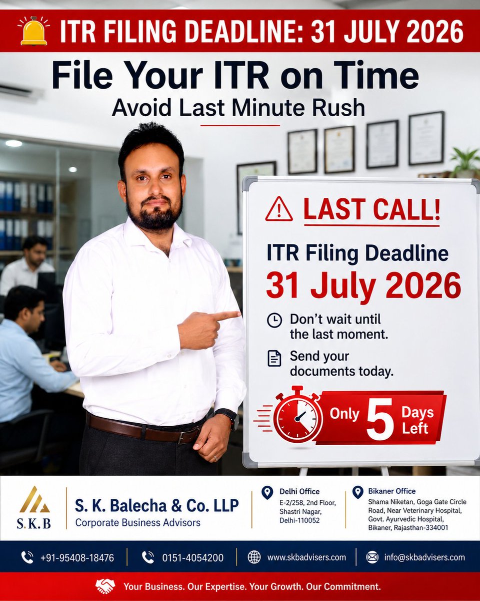 cssudesh's tweet photo. 🚨 Last Call for ITR Filing!

The deadline is getting closer every day.

Don't wait until the last moment and risk unnecessary stress or delays. Let our experts handle your Income Tax Return quickly and accurately.

Reply "ITR" or DM us today to get started.

📞 +91-95408-18476 https://t.co/VuwWF5t8b7