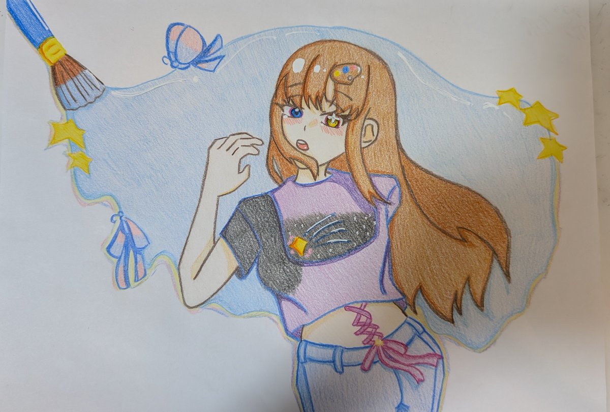 Motchan42's tweet photo. 絵の具と星をモチーフで描いてみたべ
セーラー服と蝶々はなんとなく描いてみた
＃アナログイラスト
＃イラスト
#オリジナルイラスト https://t.co/CGFOpCQ4IB