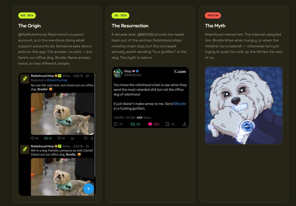 stitchdegen's tweet photo. $BRODIE is probably my favorite animal meme on Robinhood Chain right now

Why?

Because this isn't just another dog created to launch a token

It's a story that has existed for almost 10 years

Back in 2016, Robinhood's official support account replied to a user saying the company didn't have a cat, but they did have an office dog named Brodie. To this day, it's the only time Robinhood has ever publicly named one of its animals. In other words, this narrative existed long before the token ever did

Unlike many meme projects that have to build a lore after launch, BRODIE already had a real story written by Robinhood nearly a decade ago. That's something that's almost impossible to replicate

In my opinion, if Robinhood Chain ever has an "official dog," Brodie is the most legitimate candidate

Another thing I like is that the project isn't trying to sell utility. No AI, no DeFi, no GameFi, no roadmap promises, no product coming "soon." It fully embraces being a meme and focuses on building its narrative and community instead. For a memecoin, that's often the right approach

Of course, the risks are very clear

With memecoins like this, attention is everything. Right now, I don't think many people are aware of Brodie's lore yet. If this narrative continues to spread across CT, that could easily become the biggest catalyst for the token

BRODIE has no utility that generates long-term value or sustainable cash flow. Its price is driven almost entirely by attention, sentiment, and speculative capital. If Robinhood Chain loses momentum or the market shifts to another narrative, BRODIE could see a very sharp correction

From an investment perspective, I wouldn't recommend top-blasting at current levels. I built my position around a $2M market cap, but if the token were to revisit that level now, I'd actually consider the chart structure much weaker than before

If you're looking for an entry, I'd personally wait for a pullback around the $4M market cap area, where the risk/reward looks much more reasonable

The risks are definitely there

But purely from a narrative standpoint, I still think BRODIE has the strongest animal meme narrative on Robinhood Chain right now, and it's one of the projects I'll continue watching closely

0x45F82AC5d507e988f7406935da8eEfe495a360e0