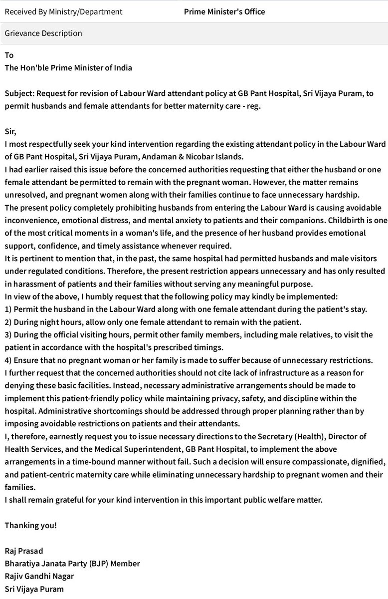 merajprasad's tweet photo. Every pregnant woman deserves dignity, care, and family support during childbirth. I have raised this public issue before the Hon'ble PM @narendramodi Ji, seeking revision of the labour ward attendant policy at GB Pant Hospital. Hoping for early action in the public interest. 🙏 https://t.co/gilIWN25F4