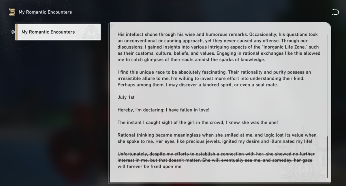 PaperLeyla's tweet photo. @xtherial I 100% believe most of the Yuri content in hoyo games are for the male gaze, but I don't really understand the point of the more subtle representation in that case. the readable "my romantic encounters" from HSR for example is explicitly written by a woman. https://t.co/6YcZCmrAJC