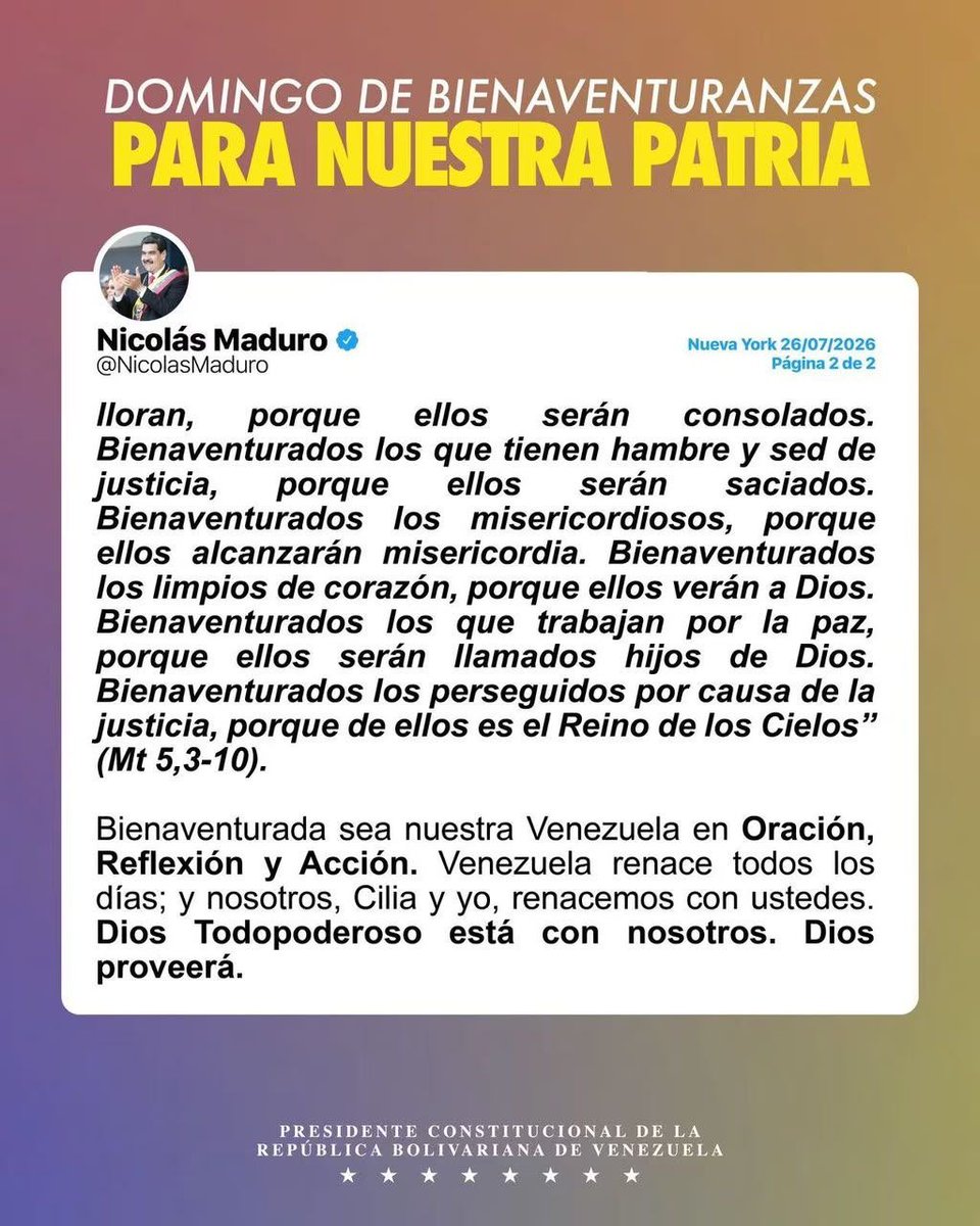 nicmaduroguerra's tweet photo. Nuestro saludo y agradecimiento a quienes de manera amorosa y perseverante, en Venezuela, aquí y en el mundo, nos acompañan en nuestra lucha. ¡Nuestra fuerza viene de ustedes!

Bienaventurada sea Venezuela en Oración, Reflexión y Acción. Nuestro país renace todos los días y nosotros renacemos con ustedes. ¡Dios Todopoderoso proveerá y está con nosotros! ¡Un gran abrazo!