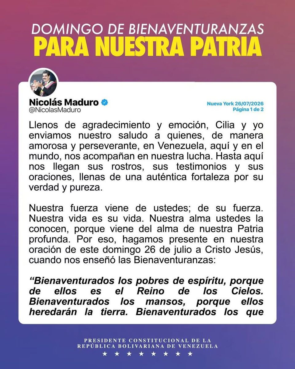 nicmaduroguerra's tweet photo. Nuestro saludo y agradecimiento a quienes de manera amorosa y perseverante, en Venezuela, aquí y en el mundo, nos acompañan en nuestra lucha. ¡Nuestra fuerza viene de ustedes!

Bienaventurada sea Venezuela en Oración, Reflexión y Acción. Nuestro país renace todos los días y nosotros renacemos con ustedes. ¡Dios Todopoderoso proveerá y está con nosotros! ¡Un gran abrazo!