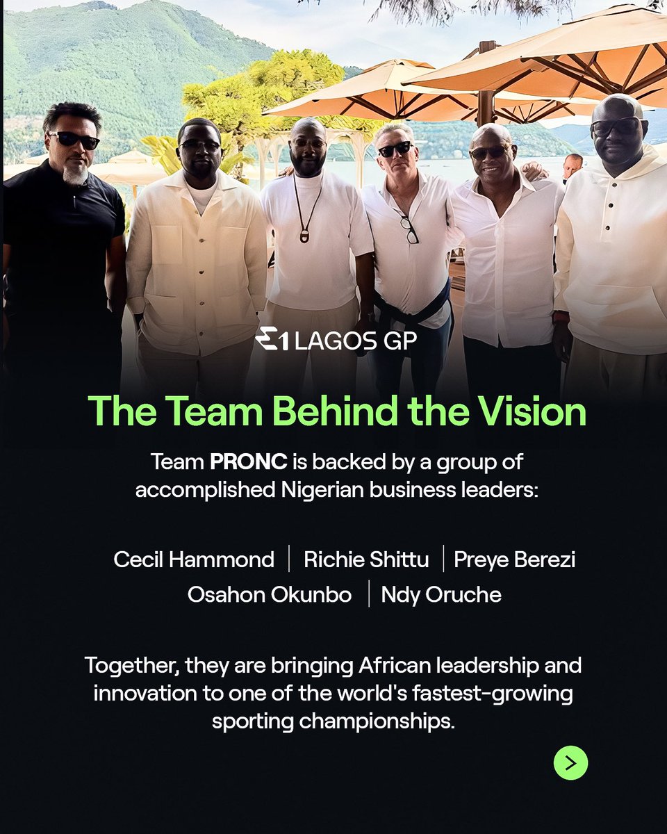 E1LagosGP's tweet photo. A new chapter begins for Africa in the UIM E1 World Championship. 🌍
Team PRONC has officially joined the championship and will make its debut in the 2027 season.

Backed by Nigerian entrepreneurs and investors: Cecil Hammond, Richie Shittu, Preye Berezi, Osahon Okunbo and Ndy Oruche, the team represents a bold step forward for African excellence in global motorsport.