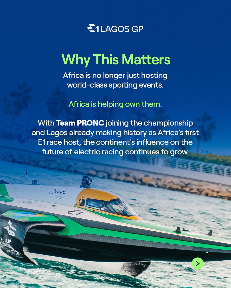 E1LagosGP's tweet photo. Their arrival is more than the launch of a new team. It reflects Africa's growing role in shaping the future of innovation, sustainability and electric racing on the world stage.

As the home of Africa's first E1 race, we're proud to see the continent continue making history this time, from the starting grid.

Welcome Team PRONC.

#E1LagosGP #E1Series #TeamPRONC #ElectricRacing #Africa #Nigeria #Innovation #Sustainability #BlueEconomy