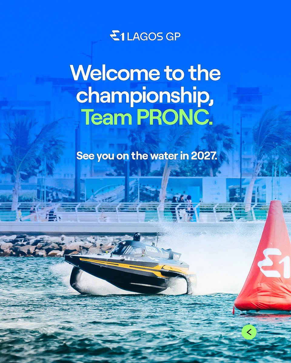 E1LagosGP's tweet photo. Their arrival is more than the launch of a new team. It reflects Africa's growing role in shaping the future of innovation, sustainability and electric racing on the world stage.

As the home of Africa's first E1 race, we're proud to see the continent continue making history this time, from the starting grid.

Welcome Team PRONC.

#E1LagosGP #E1Series #TeamPRONC #ElectricRacing #Africa #Nigeria #Innovation #Sustainability #BlueEconomy