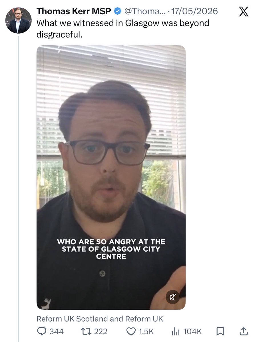 caim67's tweet photo. It took @ThomasKerrMSP 24 hours to find his voice when Celtic fans flocked to the Trongate in May. 

Over 24 hours since racists caused havoc in the same City. A member of his party who was a speaker beforehand encouraging chaos. Many of them with Nazi salutes. 

Thomas = silence https://t.co/pQAUf5Q9cd
