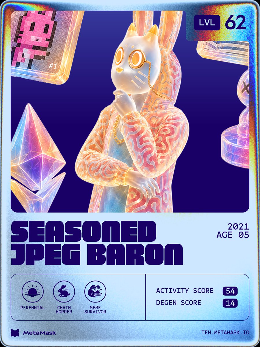 shapereth's tweet photo. My MetaMask on-chain persona: SEASONED JPEG BARON — reveal yours and check your stats at https://t.co/Yqxz7Ewdg7 https://t.co/2iGu3Nln1l