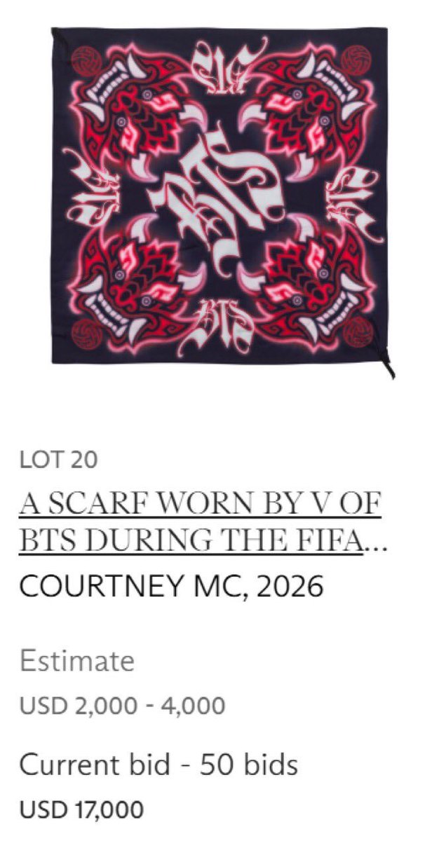 lltaestan's tweet photo. 👑 The demand keeps rising! The scarf worn by Taehyung during his appearance at the 2026 FIFA World Cup Halftime Show has reached US$17,000 at auction. Another example of the immense cultural and commercial value attached to his name. 🔥

TAEHYUNG AT FIFA HALFTIME SHOW https://t.co/AJdjA5CRJ4
