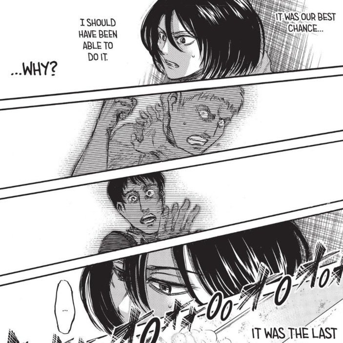 t5fsk's tweet photo. mikasa being hesitant to kill reiner and bertholdt because she still had affection in her heart for them <3 https://t.co/XhSx9F2iW3