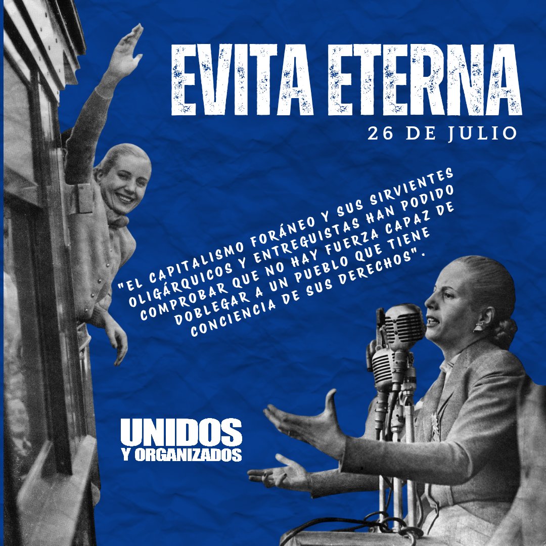Uyo_Ciudad's tweet photo. 🤍 A 74 años de su paso a la inmortalidad, Evita sigue presente en cada derecho conquistado y en cada lucha del pueblo. Su legado sigue vigente porque las luchas de su pueblo también.

#EvitaEterna
#EvitaVive https://t.co/gJa4GDX9bz
