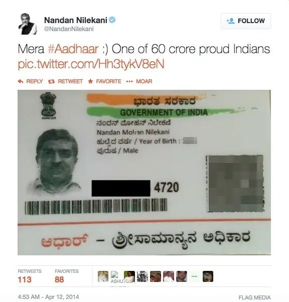karanvasudeva's tweet photo. Nandan Nilekani, who accidentally tweeted out his own Aadhar number because he didn’t know that the QR code also carries it (redacted here), that Nandan Nilekani?

Yeah, good luck with that https://t.co/4SIe7gAiIQ